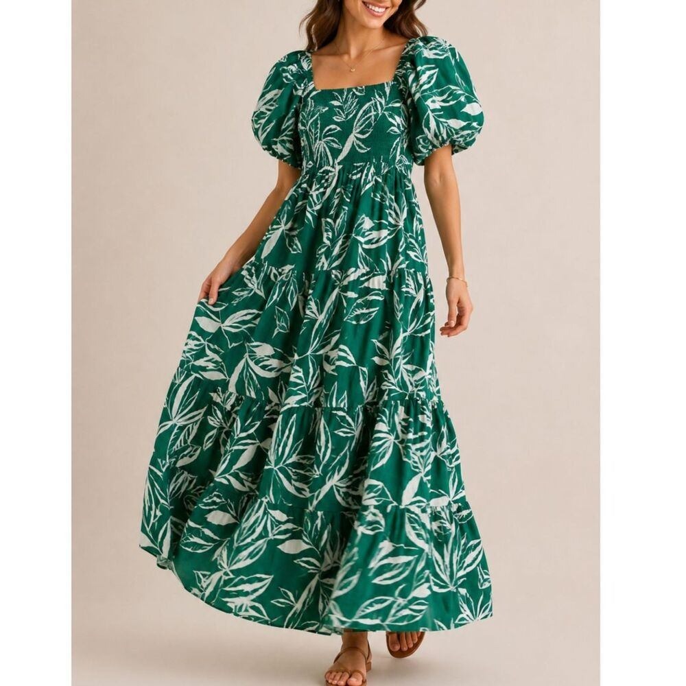 Anthropologie Meadow Rhodes Dress XL Green White Tropical Smocked Tiered Maxi